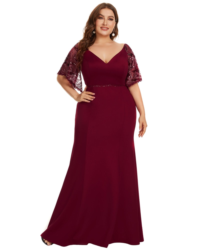 Front of a model wearing a size 20 Sexy V Neck Maxi Bodycon Evening Dress with Flare Sleeves in Burgundy by Ever-Pretty. | dia_product_style_image_id:290106